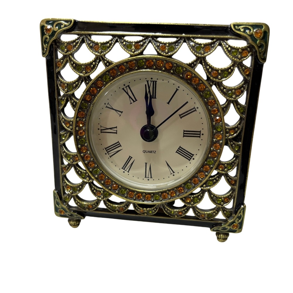 Keypower Small Table Clock Decorative Analog Enamel Frame w/ Crystal Accents